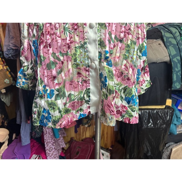 Victorias Secret VTG Gold Label Floral Metallic Stripe Sleep Shirt Top Sz L - Picture 2 of 9